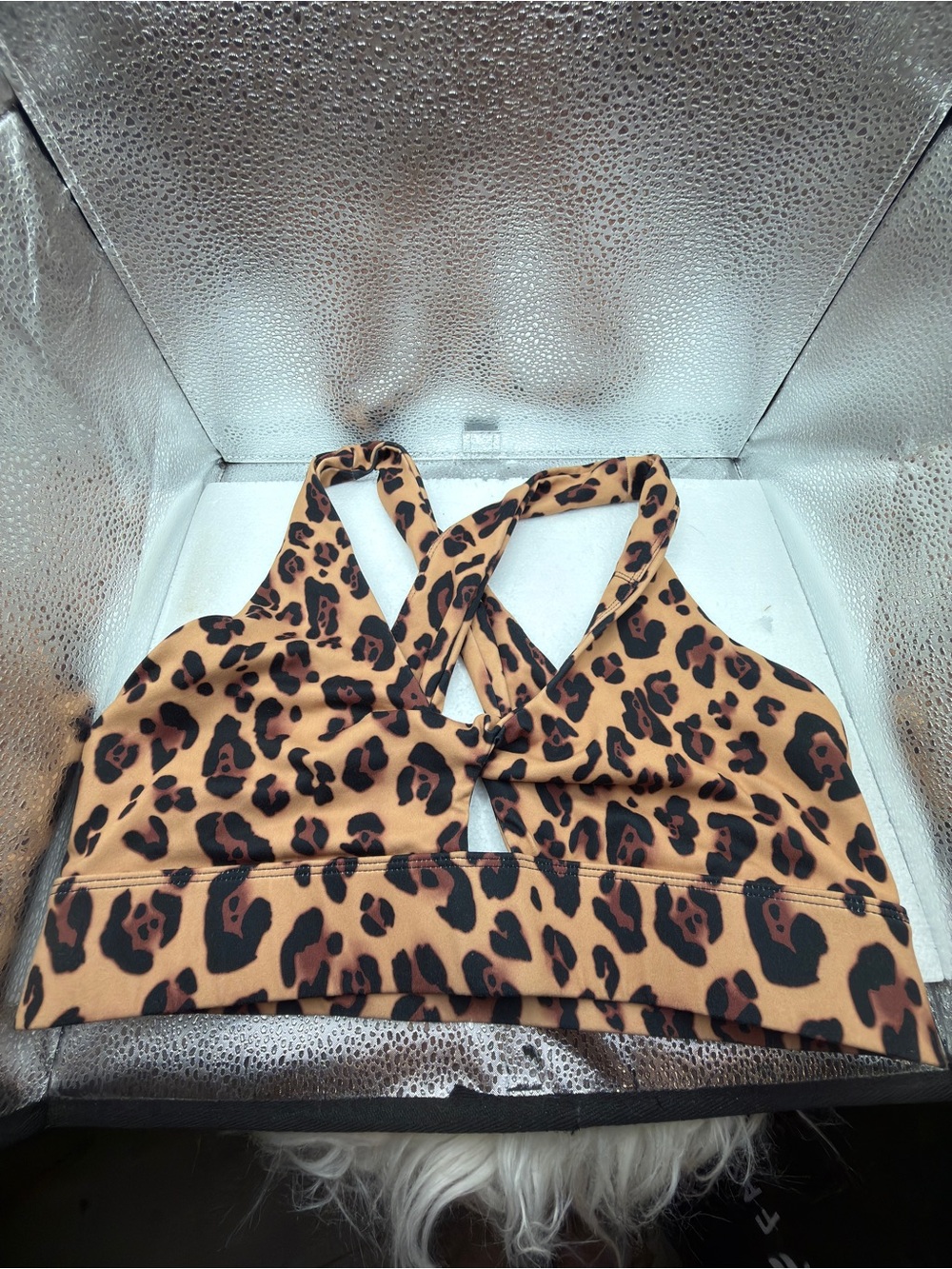 Fabletics Leopard Print Cross-Back Sports Bra - Brown/Black Large
